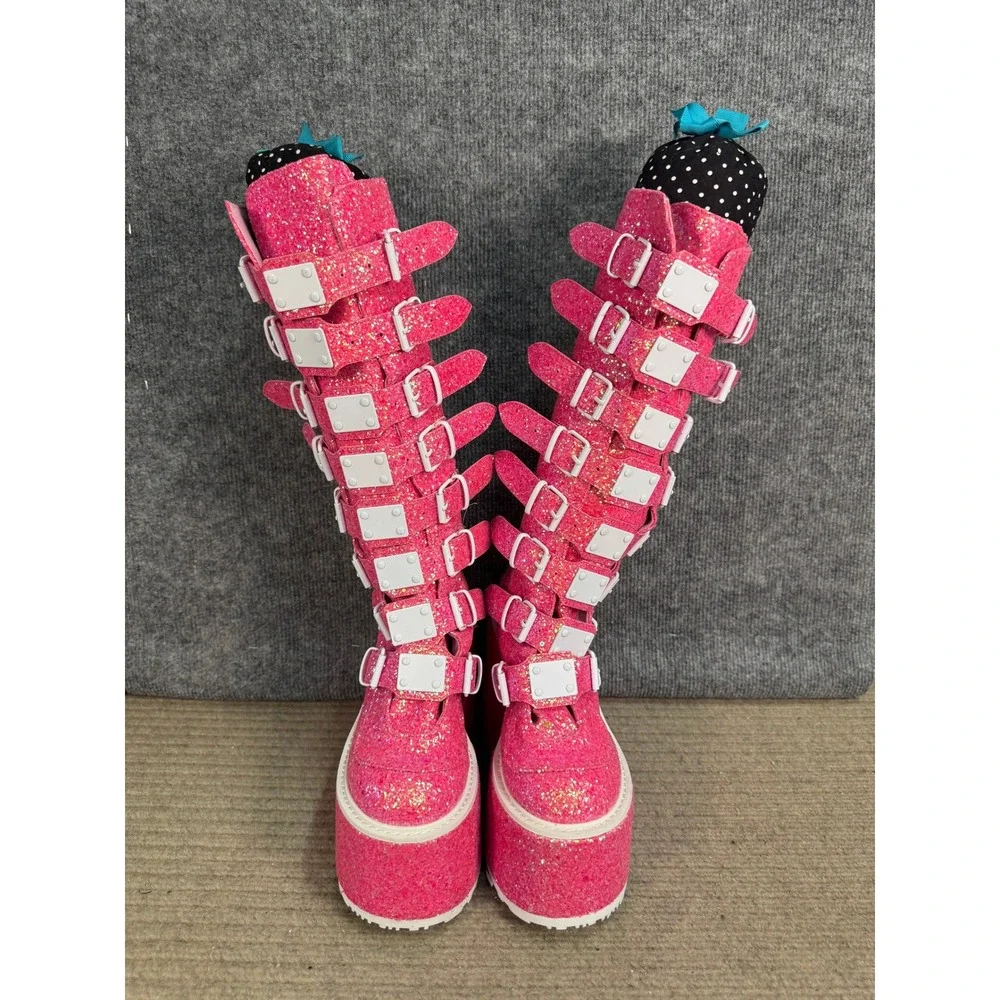 Demonia Swing-815 Pink Glitter Platform Buckle Boots Mens 10 Womens 10 Goth Rave
